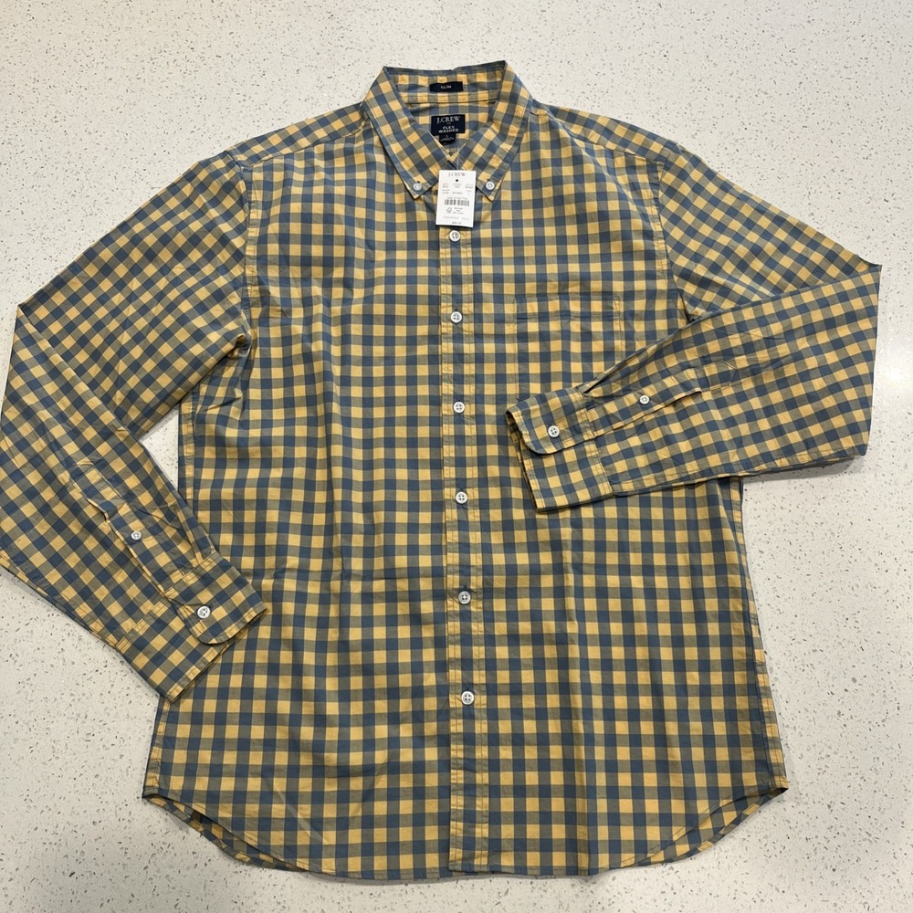 J Crew Flex Washed Slim L Large Long Sleeve Button Shirt Yellow Blue Plaid NWT